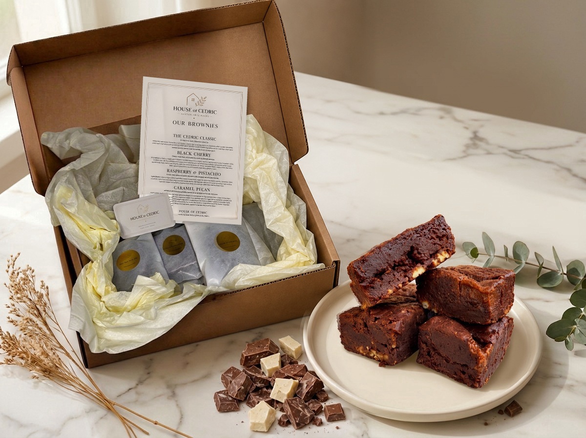 House of Cedric postal gift box with wrapped gluten-free brownies beside a stack of fudgy unwrapped brownies, handcrafted in Hove