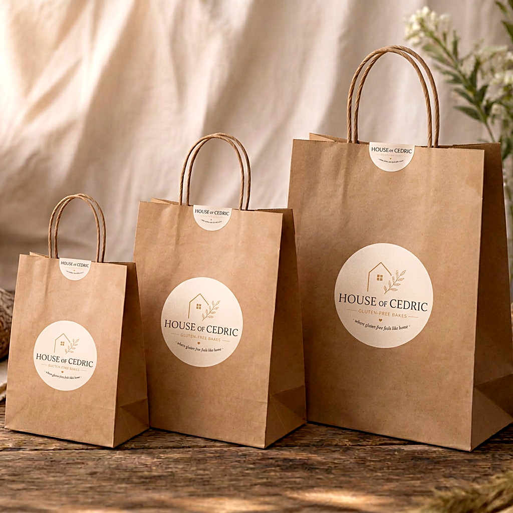 Three sizes of upright handled kraft market bags with House of Cedric labels on the front and top edge