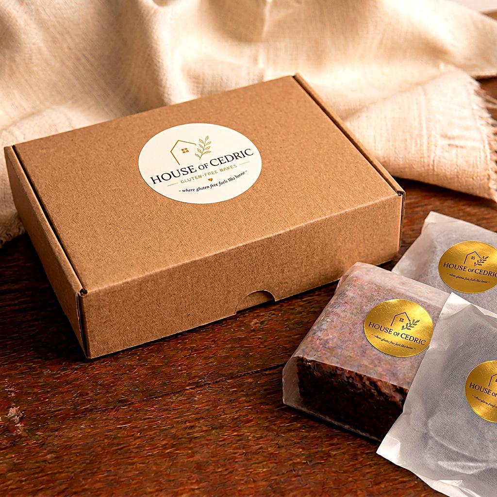 Shallow kraft mailer with one House of Cedric label on the lid, beside glassine-wrapped brownies