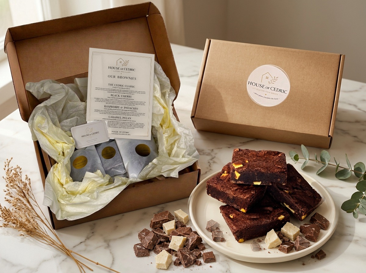 House of Cedric open postal box with wrapped brownies, the closed box and a plate of fresh brownies on marble